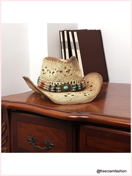 Straw Cowboy Hat with Two Decorative Bands